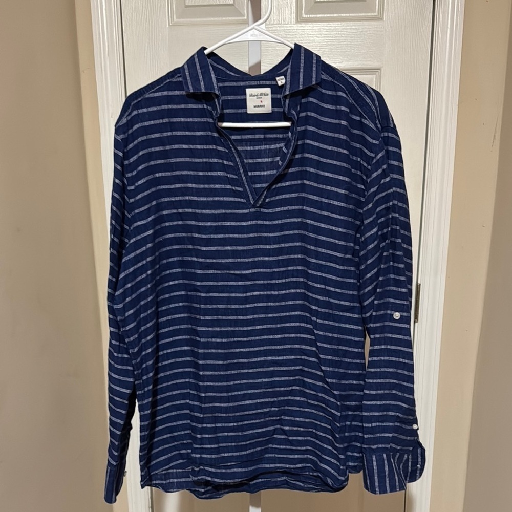 J. Crew Navy and White Striped Linen Shirt